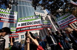 Foes of a federal crackdown on medical marijuana rally Wednesday at the U.S. courthouse in Sacramento. Lawsuits assail property-seizure threats against pot shop landlords. Weed supporters also complain that Colorado pot operations are treated differently. (Photo by Randall Benton)